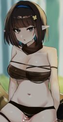  arknights bare_shoulders bikini black_bikini black_eyes black_hair blue_hairband breasts cowboy_shot dddddvkoko eunectes_(arknights) female hairband highres looking_at_viewer navel pointy_ears short_hair snake_tail solo swimsuit tail thigh_strap water 