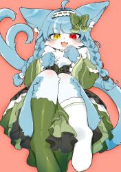  1boy ahoge animal_ear_fluff animal_ears blue_fur blue_hair blush bow braid camouflage cat_boy cat_ears cattail dress forked_tail furry furry_male green_bow green_dress green_socks gun2y0 hair_ornament heterochromia highres holding_own_leg japan_air_self-defense_force_omaezaki_sub-base knees_up long_hair looking_at_viewer maid omaneko open_mouth orange_background otoko_no_ko plant red_eyes simple_background sitting socks solo tail white_socks yellow_eyes 