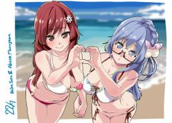  22/7 2girls beach black-framed_eyewear blue_eyes blue_hair blurry blush border braid breasts character_name cleavage collarbone depth_of_field floral_print_bikini flower hair_flower hair_ornament hair_ribbon heart heart_hands heart_hands_duo highres holding_hands kisairo_kaede light_blue_hair long_hair looking_at_viewer maruyama_akane multiple_girls ocean rectangular_eyewear red_eyes red_hair ribbon sato_reika semi-rimless_eyewear sidelocks single_braid smile straight_hair under-rim_eyewear white_border white_flower 