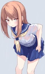  blue_sailor_collar blue_skirt blush bra bra_visible_through_clothes brown_eyes brown_hair closed_mouth commentary_request female frown glaring grey_background highres ina_(inadahime) long_hair looking_to_the_side neckerchief original pleated_skirt rain sailor_collar school_uniform see-through see-through_shirt shirt simple_background skirt solo underwear wet wet_clothes wet_hair white_bra white_shirt yellow_neckerchief 