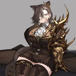  animal_ears arknights ascot black_dress black_jacket black_thighhighs breasts brown_hair cowboy_shot dress extra_ears female fkskii65 gauntlets hair_between_eyes hair_ornament jacket jewelry large_breasts long_hair long_sleeves mole mole_above_eye penance_(arknights) shirt single_gauntlet solo tail thighhighs white_ascot wolf_ears wolf_girl yellow_eyes 