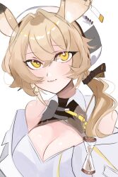  animal_ears arknights bare_shoulders blonde_hair breasts cleavage coat dddddvkoko dorothy_(arknights) dress female hair_between_eyes hat highres hourglass long_hair looking_at_viewer mouse_ears mouse_girl simple_background smile solo upper_body white_coat white_dress white_hat yellow_eyes 