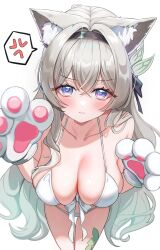  absurdres alternate_costume anger_vein animal_ear_fluff animal_ears animal_hands aqua_hair bikini black_hairband blush breasts cat_ears cat_girl cleavage closed_mouth female firefly_(honkai:_star_rail) gloves gradient_hair grey_hair hairband highres honkai:_star_rail honkai_(series) kemonomimi_mode large_breasts long_hair multicolored_hair paw_gloves purple_eyes simple_background solo speech_bubble spoken_anger_vein suisen_(suisenhwa) swimsuit white_background white_bikini white_gloves 