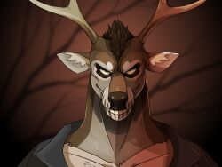  4:3 absurd_res anthro antlers brown_body brown_fur brown_hair brown_nose bust_portrait clothed clothing deer front_view fur grey_clothing grey_topwear grin hair hi_res horn imperatorcaesar inner_ear_fluff looking_at_viewer male mammal plant portrait short_hair smile solo tan_inner_ear_fluff topwear tree tuft 