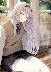  :d an-94_(girls&#039;_frontline) black_hairband black_skirt blue_eyes blue_ribbon blush breasts brown_sweater collared_shirt female girls&#039;_frontline grey_hair hairband highres long_hair long_sleeves looking_at_viewer neck_ribbon on_bench outdoors pleated_skirt ribbon school_uniform shirt sitting skirt small_breasts smile solo sweater sweater_vest tobimura white_shirt 