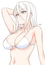  aqua_eyes arm_behind_head arm_up armpits bare_arms bare_shoulders bikini breasts collarbone commentary_request female frown hair_between_eyes highres large_breasts long_hair navel noise_(tsuzuki) original partially_colored signature simple_background solo swimsuit upper_body white_background white_bikini white_hair 