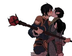  2girls 2gold arms_behind_back black_hair closed_eyes dragon_age dragon_age_2 elf hawke kissing merrill_(dragon_age) multiple_girls pointy_ears short_hair staff yuri 