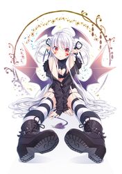  :&lt; arms_between_legs bad_id bad_pixiv_id bare_shoulders belt_boots boots braid breasts breasts_squeezed_together clothing_cutout crown_braid demon_girl demon_tail elf female foreshortening fur_trim hair_ribbon head_wings heart heart_cutout heart_tattoo highres jacket levka long_hair low_wings no_pants off_shoulder orange_eyes original panties pointy_ears ribbon shoe_soles sitting solo striped_clothes striped_thighhighs tail tattoo thighhighs underwear very_long_hair white_hair wings zipper 