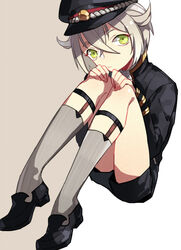  1boy doudoude_dou green_eyes hat hotarumaru male_focus shoes short_hair silver_hair sitting sock_garters socks solo touken_ranbu 