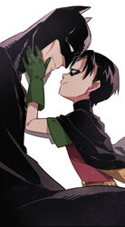  2boys batman batman_(series) black_hair bruce_wayne cape dc_comics doudoude_dou gloves lolicon male_focus mask multiple_boys robin_(dc) short_hair tim_drake 