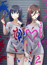  2girls black_hair blue_eyes breasts brown_hair commentary_request english_text fingernails green_eyes grey_shirt grey_shorts hair_between_eyes hand_up hands_up heart hero-san_to_moto_onna_kanbu-san highres holding holding_paintbrush honey_trap_(hero-san_to_moto_onna_kanbu-san) honjou_hayate long_hair multiple_girls nail_polish paint_on_body paint_on_clothes paint_on_fingers paint_splatter paint_splatter_on_face paintbrush pink_nails purple_nails shirt short_shorts short_sleeves shorts small_breasts somechime_(sometime1209) standing watch wristwatch 