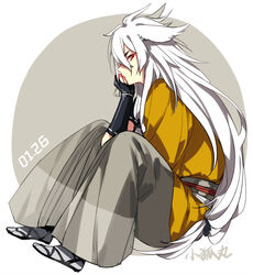  1boy doudoude_dou gloves japanese_clothes kogitsunemaru long_hair male_focus red_eyes sandals solo touken_ranbu white_hair 