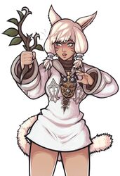  blush bottomless cat_ears cat_tail facial_mark female final_fantasy final_fantasy_xiv green_eyes no_pants open_mouth puroburebu-dan slit_pupils solo tail wand white_hair y&#039;shtola 