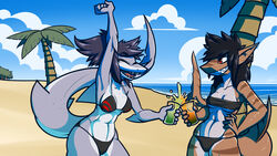  16:9 anthro avoid_posting beach bikini black_hair breasts cleavage clothed clothing duo female fish grin hair hand_on_hip happy hi_res marine muscular muscular_female navel non-mammal_breasts open_mouth open_smile or-fi-s outside raised_arm red_eyes requiem_shark seaside shark short_hair skimpy smile stripes swimwear tiger_shark under_boob widescreen xaenyth_(character) 