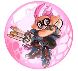  bare_shoulders boots brown_eyes bubble bubbler_(splatoon) commentary cosplay costume energy_barrier female funkgamut gatling_gun gloves gun holding holding_weapon hydra_splatling_(splatoon) inkling_player_character looking_at_viewer overwatch overwatch_1 parody pink_hair pointy_ears power_connection scar shield short_hair solo splatoon_(series) splatoon_1 tattoo tentacle_hair weapon zarya_(overwatch) zarya_(overwatch)_(cosplay) 