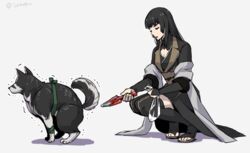  bad_id bad_pixiv_id black_hair boots canine closed_eyes female final_fantasy final_fantasy_xv gentiana hime_cut isakawa_megumi japanese_clothes shiba_inu squatting thigh_boots thighhighs toeless_footwear trembling trowel umbra_(ff15) 