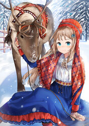  absurdres antlers blue_eyes brown_hair cherim commentary dress female fence forest hair_ribbon hat highres horns long_hair mittens nature original reindeer ribbon sami_clothes sitting snow traditional_clothes 