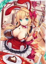  akkijin animal_ears apron blonde_hair blush breasts candy card_(medium) carrot chocolate cleavage dessert female food fortuna_(shinkai_no_valkyrie) green_eyes hair_ornament hair_ribbon heart heart-shaped_cake heart-shaped_chocolate heart-shaped_food large_breasts long_hair looking_at_viewer maid maid_apron official_art rabbit_ears rabbit_paws ribbon shinkai_no_valkyrie smile solo valentine 