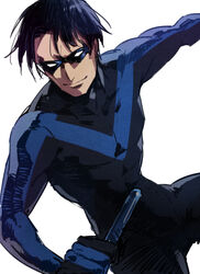  1boy batman batman_(series) black_hair bodysuit dc_comics dick_grayson domino_mask doudoude_dou escrima_stick gloves male_focus mask nightwing short_hair simple_background solo weapon 