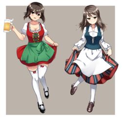  2girls alcohol apron beer beer_mug black_footwear blue_dress bow_legwear breasts brown_eyes brown_footwear brown_hair cleavage closed_mouth commentary cup dirndl dress finnish_clothes frilled_dress frills full_body german_clothes girls_und_panzer green_apron grey_background hikyakuashibi holding holding_cup leg_up loafers long_dress long_hair long_sleeves looking_at_viewer mary_janes medium_breasts mika_(girls_und_panzer) mug multiple_girls nishizumi_maho no_headwear outside_border pantyhose parted_lips puffy_short_sleeves puffy_sleeves red_dress shoes short_dress short_hair short_sleeves skirt_hold smile standing standing_on_one_leg striped_clothes striped_dress thighhighs vertical-striped_clothes vertical-striped_dress waist_apron white_legwear 