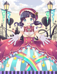  :d akb48 amusement_park bad_id bad_pixiv_id black_hair blue_eyes blush cloud dress elbow_gloves female flag gloves hat lamppost looking_at_viewer open_mouth outstretched_arms petals photoshop_(medium) rainbow roller_coaster silverms2 sky smile solo star_(symbol) twintails watanabe_mayu 