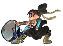  1boy arm_tattoo brown_eyes brown_hair commentary cosplay costume from_side funkgamut hadanugi_dousa hairband hanzo_(overwatch) hanzo_(overwatch)_(cosplay) holding holding_weapon ink_tank_(splatoon) inkling_player_character japanese_clothes killer_wail_(splatoon) kimono long_hair male_focus open_clothes open_kimono overwatch overwatch_1 parody pointy_ears ponytail simple_background solo splatoon_(series) splatoon_1 tattoo tentacle_hair weapon white_background 