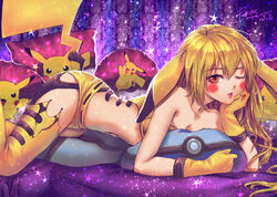  ass bangs blonde_hair blush bra breasts brown_eyes chin_rest cleavage commentary dated eyebrows_visible_through_hair gloves hair_between_eyes hand_on_own_face long_hair looking_at_viewer medium_breasts navel pikachu pikachu_costume pillow pokemon purple_pillow shiny shiny_hair shorts signature solo sparkle stomach thighhighs underwear very_long_hair yellow_bra yellow_gloves yellow_legwear yellow_shorts 