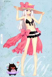  absurdres bare_legs bare_shoulders barefoot bikini bikini_skirt black_bikini blue_eyes breasts cleavage collarbone female food front-tie_top full_body hands_on_headwear hat highres ice_cream ice_cream_cone innertube light_smile long_hair long_legs looking_at_viewer melty_(shining_hearts) mismatched_bikini navel photoshop_(medium) popsicle purple_eyes scan shining_(series) shining_hearts small_breasts smile solo sorbe_(shining_hearts) straw_hat sun_hat swim_ring swimsuit tony_taka white_bikini white_hair 