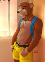  2016 anthro backpack banjo-kazooie banjo_(banjo-kazooie) bear blue_eyes bottomwear brown_body brown_fur bulge clothed clothing fur jewelry male mammal mistystriker muscular muscular_anthro muscular_male navel necklace rareware shorts simple_background smile solo topless yellow_bottomwear yellow_clothing 