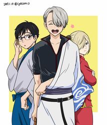  3boys black_hair blonde_hair blue-framed_eyewear brown_eyes choko_(20040421) closed_eyes commentary_request cosplay crossed_arms gintama glasses green_eyes grey_hair hadanugi_dousa hair_over_one_eye hakama hakama_skirt heart-shaped_mouth japanese_clothes kagura_(gintama) kagura_(gintama)_(cosplay) katsuki_yuuri kimono long_sleeves male_focus multiple_boys open_clothes open_kimono open_mouth sakata_gintoki sakata_gintoki_(cosplay) shimura_shinpachi shimura_shinpachi_(cosplay) short_sleeves skirt smile twitter_username viktor_nikiforov yuri!!!_on_ice yuri_plisetsky 