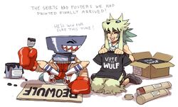  2boys andy_anvil anvil boxing_gloves commentary emlan english_commentary indian_style multiple_boys paint paintbrush personification sharp_teeth shirt shoes shorts sign sitting skullgirls sneakers socks t-shirt teeth 