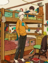  2boys a10 barefoot bed bedroom book brown_hair bunk_bed casual chair cup desk ikari_shinji indoors lamp male_focus mug multiple_boys nagisa_kaworu neon_genesis_evangelion smile tegaki white_hair 