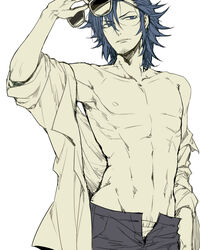  1boy abs blue_eyes blue_hair doudoude_dou glasses kill_la_kill male_focus mikisugi_aikurou short_hair solo underwear 