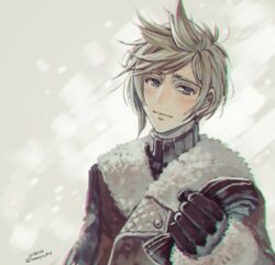  1boy bad_id bad_pixiv_id blonde_hair blue_eyes coat final_fantasy final_fantasy_xv gloves isakawa_megumi looking_at_viewer male_focus prompto_argentum signature smile snowing solo spiked_hair sweater winter_clothes 