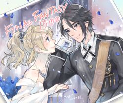  1boy aged_up bad_id bad_pixiv_id black_hair blonde_hair blue_eyes braid dress female final_fantasy final_fantasy_xv formal gloves isakawa_megumi lunafreya_nox_fleuret noctis_lucis_caelum photo_(object) ponytail spoilers straight wedding white_dress white_gloves 