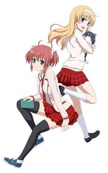  2girls ahoge bad_id bad_pixiv_id blonde_hair blue_eyes daitoshokan_no_hitsujikai feline gizaemon highres ishida_seito kodachi_nagi long_hair multiple_girls official_style red_hair school_uniform suzuki_kana thighhighs twintails white_background 