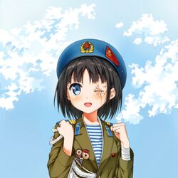  :d aiguillette badge bandages beret black_hair blue_eyes blue_hat blue_shirt blue_sky blush brown_jacket clenched_hands cloud collar_tabs commentary day dot_nose english_commentary epaulettes false_smile female hammer_and_sickle hat hat_ornament injury insignia jacket kantoku_(style) long_sleeves looking_at_viewer medal military military_hat military_jacket military_uniform one-eyed open_mouth original parted_bangs patch phanc red_flag red_star scar shirt short_hair sky smile soldier solo soviet soviet_air_force soviet_flag star_(symbol) star_hat_ornament stitches striped_clothes striped_shirt telnyashka two-tone_shirt undershirt uniform unit_patch upper_body vdv war_in_afghanistan white_shirt 