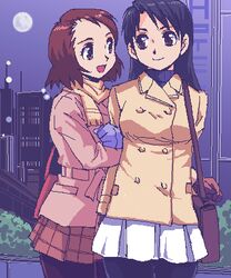  arm_holding bag black_hair brown_eyes brown_hair building gloves long_hair moon night oekaki pantyhose scarf short_hair yuya 