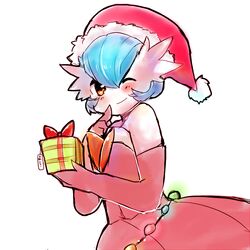  alternate_color alternate_costume alternate_form anonkyun blue_hair box christmas gardevoir gift gift_box gloves mega_gardevoir mega_pokemon nintendo orange_eyes pokemon pokemon_(game) pokemon_xy present ribbon santa_costume santa_suit shiny_pokemon simple_background smile solo wink 