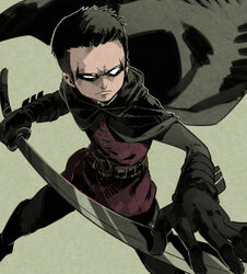  1boy batman batman_(series) belt black_hair cape damian_wayne dc_comics doudoude_dou gloves male_focus mask robin_(dc) short_hair simple_background solo sword weapon 