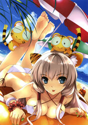  :p absurdres animal_ears barefoot beach bikini breasts breasts_squeezed_together butt_crack cleavage covered_nipples cradle_(circle) day feet female hands highres kotora_(toranoana) large_breasts long_hair long_toenails looking_at_viewer lying misaki_kurehito nail_polish on_stomach outdoors photoshop_(medium) side-tie_bikini_bottom smile soles solo string_bikini swimsuit the_pose tiger tiger_ears toenails tongue tongue_out toranoana 