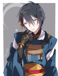  1boy blue_eyes blue_hair doudoude_dou gloves hair_ornament japanese_clothes male_focus mikazuki_munechika short_hair solo touken_ranbu 