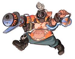  1boy blaster_(splatoon) blue_pants brown_gloves commentary cosplay costume funkgamut gas_mask gloves grey_hair gun holding holding_weapon inkling_player_character jewelry male_focus mask overwatch overwatch_1 pants parody pillow pointy_ears red_eyes ring roadhog_(overwatch) roadhog_(overwatch)_(cosplay) simple_background skull_print solo splatoon_(series) splatoon_1 tattoo tentacle_hair toxic_mist_(splatoon) weapon white_background 