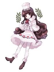  bad_id bad_pixiv_id blunt_bangs blush bow brown_eyes brown_hair capelet cocoa_cookie cookie_run cup curly_hair dress female full_body gloves hat hat_bow humanization isamu_(gaioo0303) mug pantyhose print_mug smile snowflake_print solo white_dress white_gloves white_pantyhose 