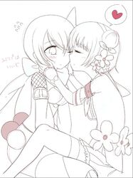  2girls bad_id bad_link bad_twitter_id blush closed_eyes couple harino_m kissing kissing_cheek legs_on_another&#039;s_lap mahou_shoujo_ikusei_keikaku monochrome multiple_girls ripple_(mahoiku) snow_white_(mahoiku) spot_color yuri 