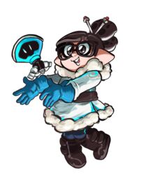  belt black-framed_eyewear blue_gloves boots brown_eyes brown_hair coat commentary cosplay costume female funkgamut fur_trim glasses gloves hair_bun hair_ornament hair_stick holding holding_weapon inkling_player_character mei_(overwatch) mei_(overwatch)_(cosplay) overwatch overwatch_1 parody pointy_ears simple_background single_hair_bun smile solo splatoon_(series) splatoon_1 sprinkler_(splatoon) tentacle_hair weapon white_background 