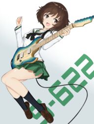  akiyama_yukari black_socks blouse brown_eyes brown_footwear brown_hair commentary electric_guitar female full_body girls_und_panzer green_skirt guitar highres holding instant_(ioarthus) instrument jumping loafers long_sleeves looking_back looking_to_the_side messy_hair miniskirt neckerchief ooarai_school_uniform pleated_skirt plectrum school_uniform serafuku shirt shoes short_hair skirt socks solo white_shirt 