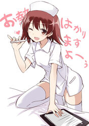  ;d arakawa_kei bed clipboard commentary_request female hat heart itamochi nurse nurse_cap on_one_knee one_eye_closed open_mouth photoshop_(medium) red_eyes red_hair saki_(manga) saki_achiga-hen short_hair smile solo standing standing_on_one_leg thermometer thighhighs white_thighhighs zettai_ryouiki 