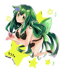  bare_shoulders bikini black_bikini black_bra black_panties bow bra collarbone female frilled_bikini frills gatchaman gatchaman_crowds green_eyes green_hair high_heels large_bow leg_garter long_hair matching_hair/eyes panties ribbon solo swimsuit underwear utsutsu very_long_hair 