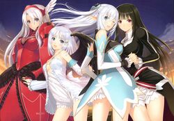  4girls :d ;d absurdres altina_(shining_blade) armor ass_visible_through_thighs bad_id bad_yandere_id black_hair black_wings blue_eyes breasts cleavage detached_sleeves grey_eyes headgear highres holding_hands interlocked_fingers kilmaria_aideen large_breasts long_hair looking_at_viewer medium_breasts multiple_girls official_art one_eye_closed open_mouth panis_angelicus purple_eyes red_armor roselinde_(shining_blade) shining_(series) shining_world silver_hair smile tony_taka white_hair wings 